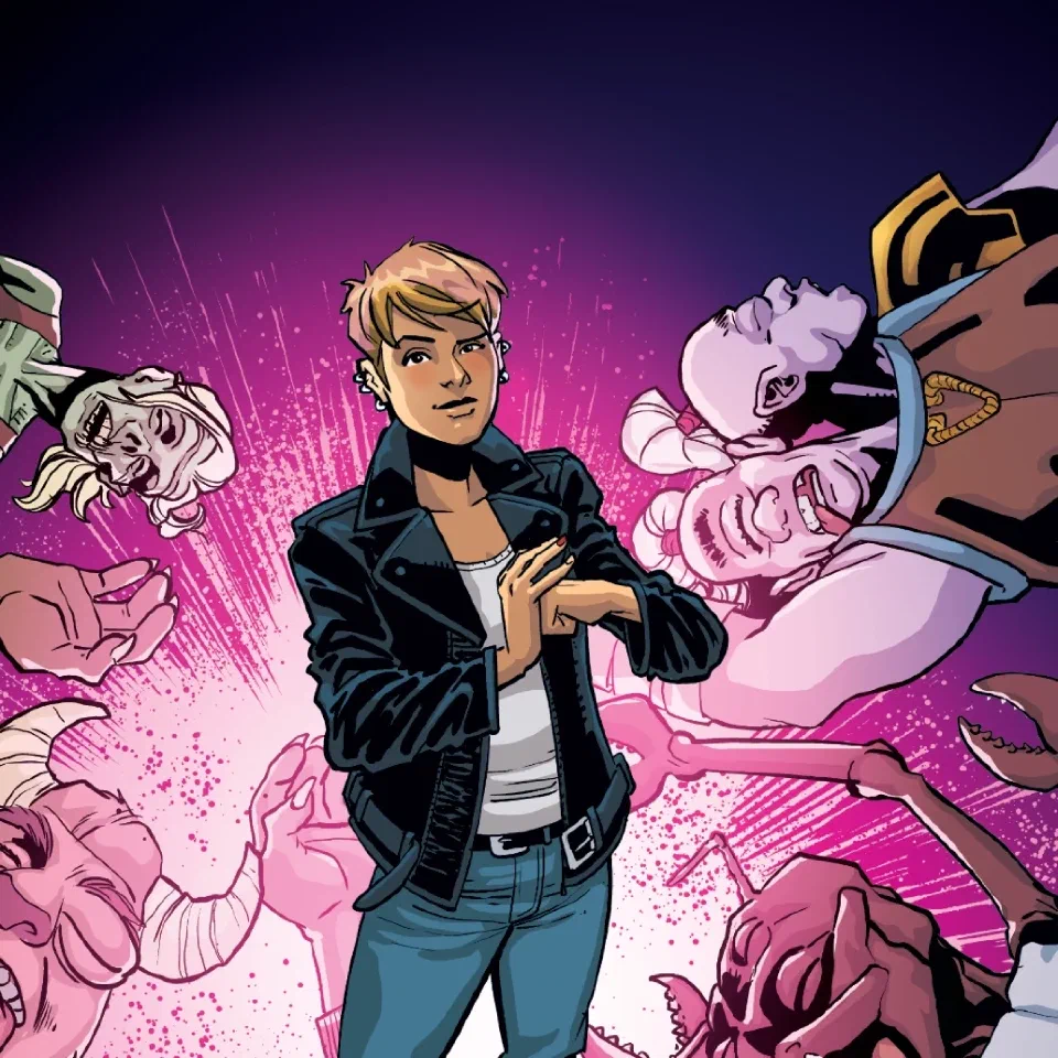 Gun Street Girl key art: a woman in a leather jacket against a burst of pink light, with figures in period dress behind her